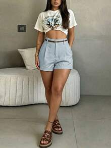 Women's High-Waisted Pleated Suit Shorts, Plain, Soft Fabric, Black, Slim Fit, Wide Straight Leg, Casual Style For Summer Office, Without Belt - 卡其色 - 查看 4