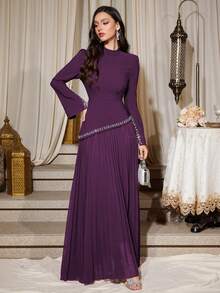 Women's Solid Deep Purple Small Stand Collar Asymmetrical Rhinestone Embellished Cuff Rhinestone Embellished Pleated Hem Oversized Birthday Wedding - Dark Purple - View 7