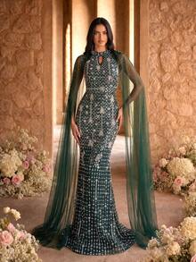 SUPGIR 【无定位花朵】露背超长飘逸网纱袖重工刺绣珍珠长款晚礼服派对春季婚礼 - 墨綠色 - 查看 6