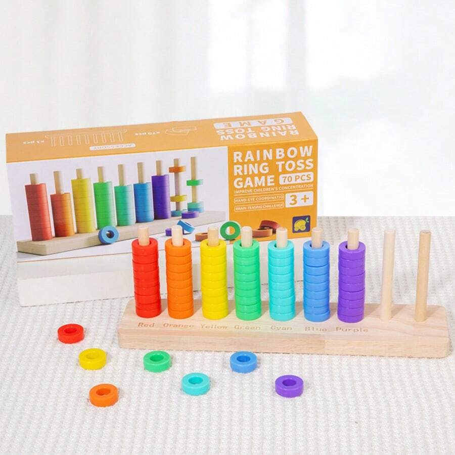 Permainan Cincin Kayu Pelangi, Sortir Warna dan Koordinasi Mata-Tangan, Latihan Sensorik, Mainan Edukatif Sederhana dan Bermakna, Hadiah Mainan Edukatif - Permainan Cincin Pelangi - View 1
