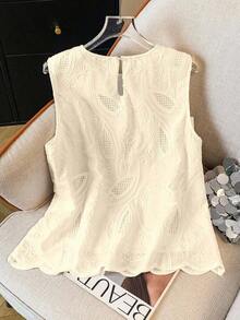 Blusa sin mangas con bordado y ribete de concha blanca para mujer, vacaciones - Azul - Ver 7