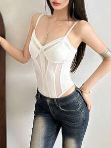 Body ajustado de unicolor con escote en V sexy y parches de malla - Blanco - Ver 3