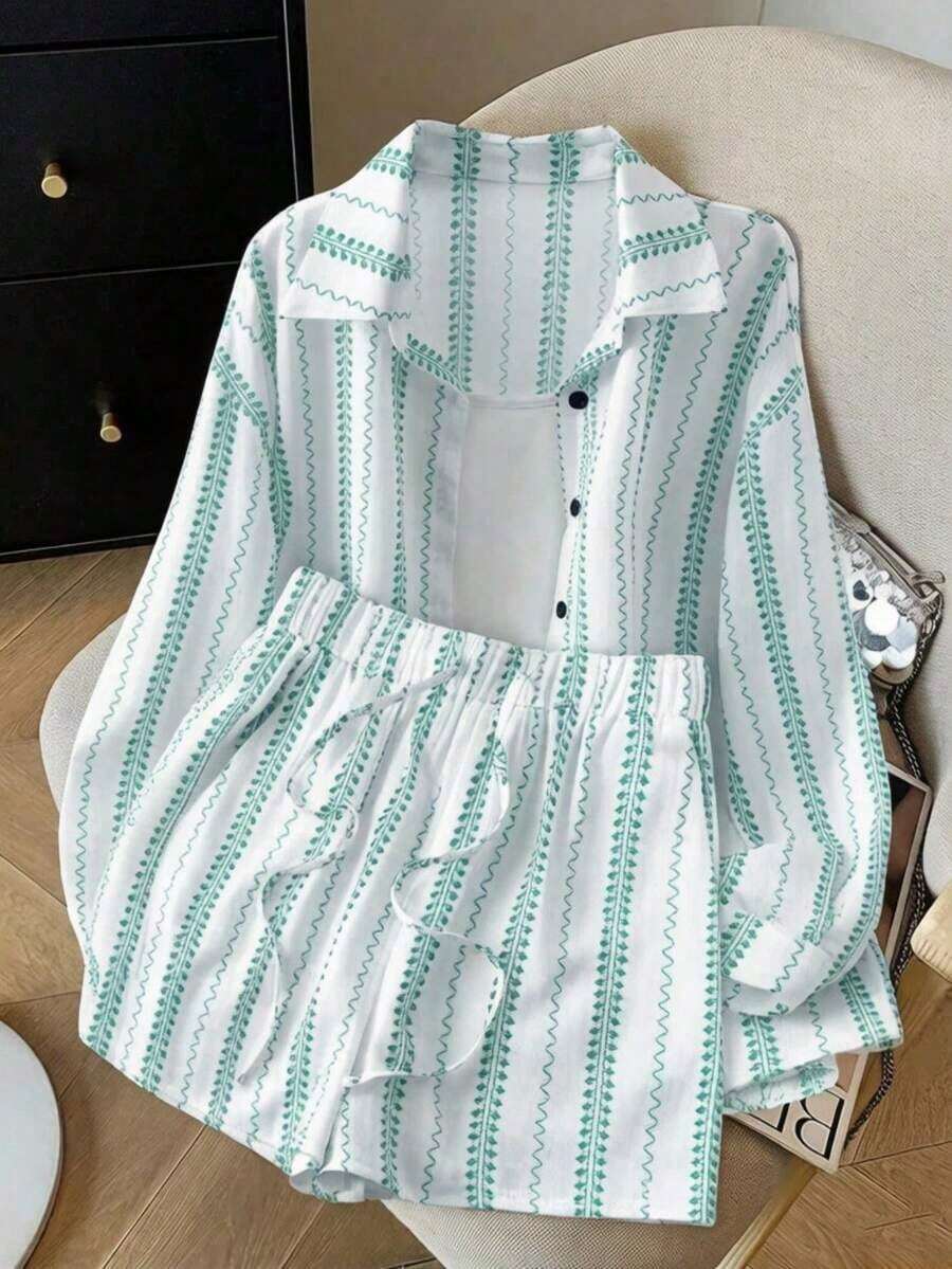 Conjunto de camisa y pantalones cortos de protección solar con estilo bohemio, conjunto de 2 piezas para mujer en verano - Blanco - Ver 1
