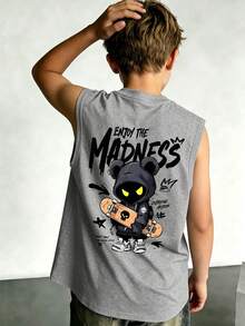 1 Boy's Simple Cartoon Character Print Sleeveless Crew Neck Vest, Cool And Casual Boy's Top - Grey - View 1