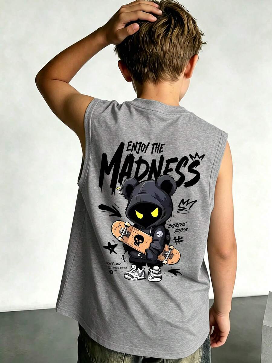 1 Boy's Simple Cartoon Character Print Sleeveless Crew Neck Vest, Cool And Casual Boy's Top - Grey - View 1