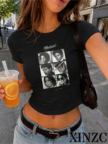 Women's Cropped Crew Neck Short Sleeve T-Shirt, Multiple Colors Available, Large Michaeled Jacksoned Photo Collage Graphic Print On The Front, 90s Pop Music Icon Style, Suitable For Everyday Outfit, Festival, Concert, Shopping, Vacation, University, Casual Cotton Top - màu đen - Xem 2