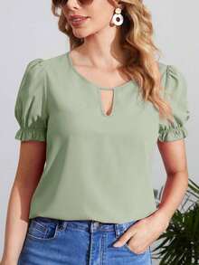 Blusa verde con cuello de ojo de cerradura y manga abullonada, blusas de manga corta - verde menta - Ver 7
