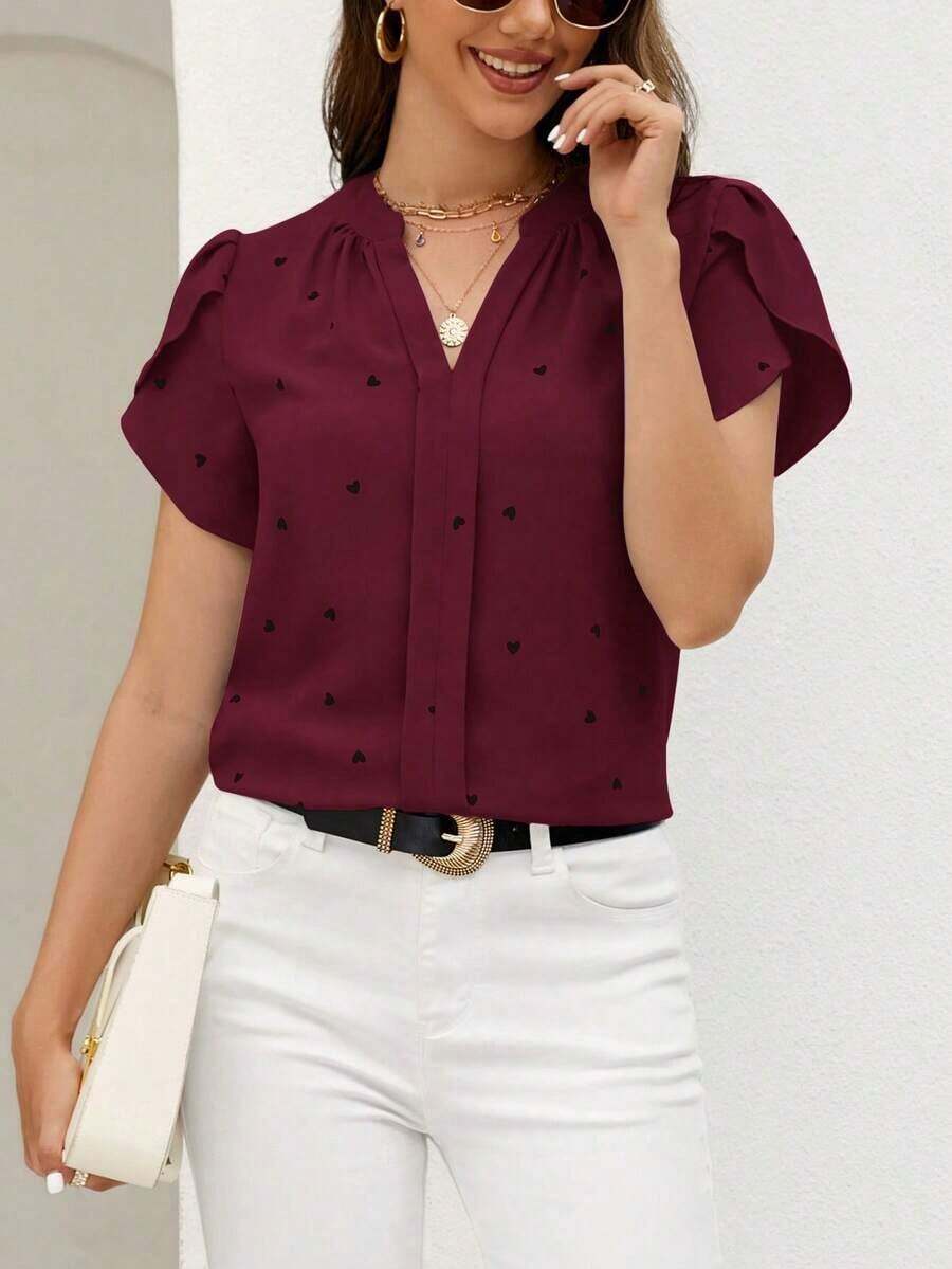 Blusa de mujer de escote en V con estampado de corazón y mangas con volantes para el verano y la playa - Burdeos - Ver 1