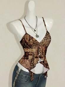 Top informal de tirantes con escote en V, dobladillo con volantes y estampado floral rosa para vacaciones' - Multicolor 6 - Ver 8