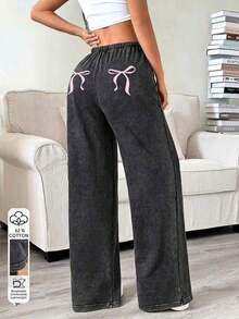 Pantalones de chándal de pierna recta y cintura baja para mujer, apropiados para el verano, con efecto lavado - Negro - Ver 7