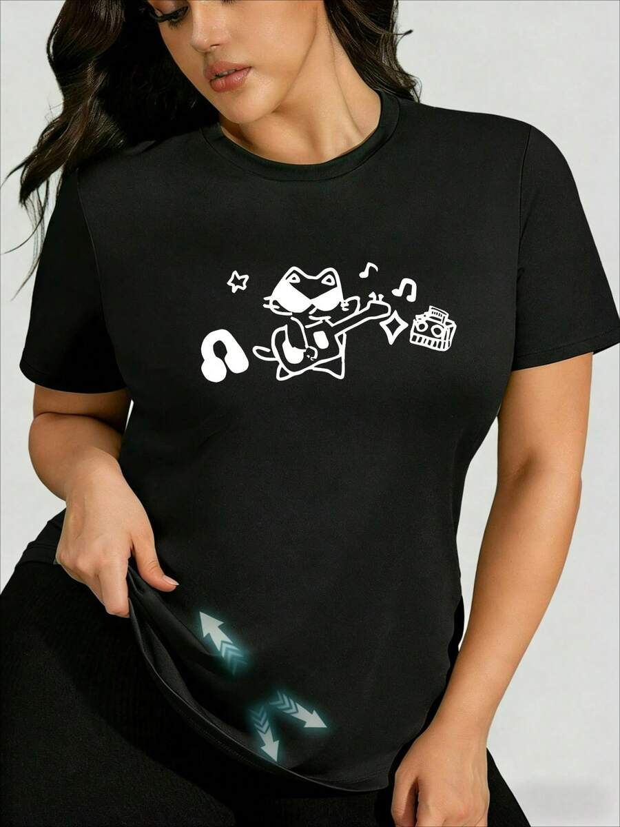 Camiseta de mujer de algodón manga corta casual estampado rana kawaii juvenil en México - Negro - Ver 1