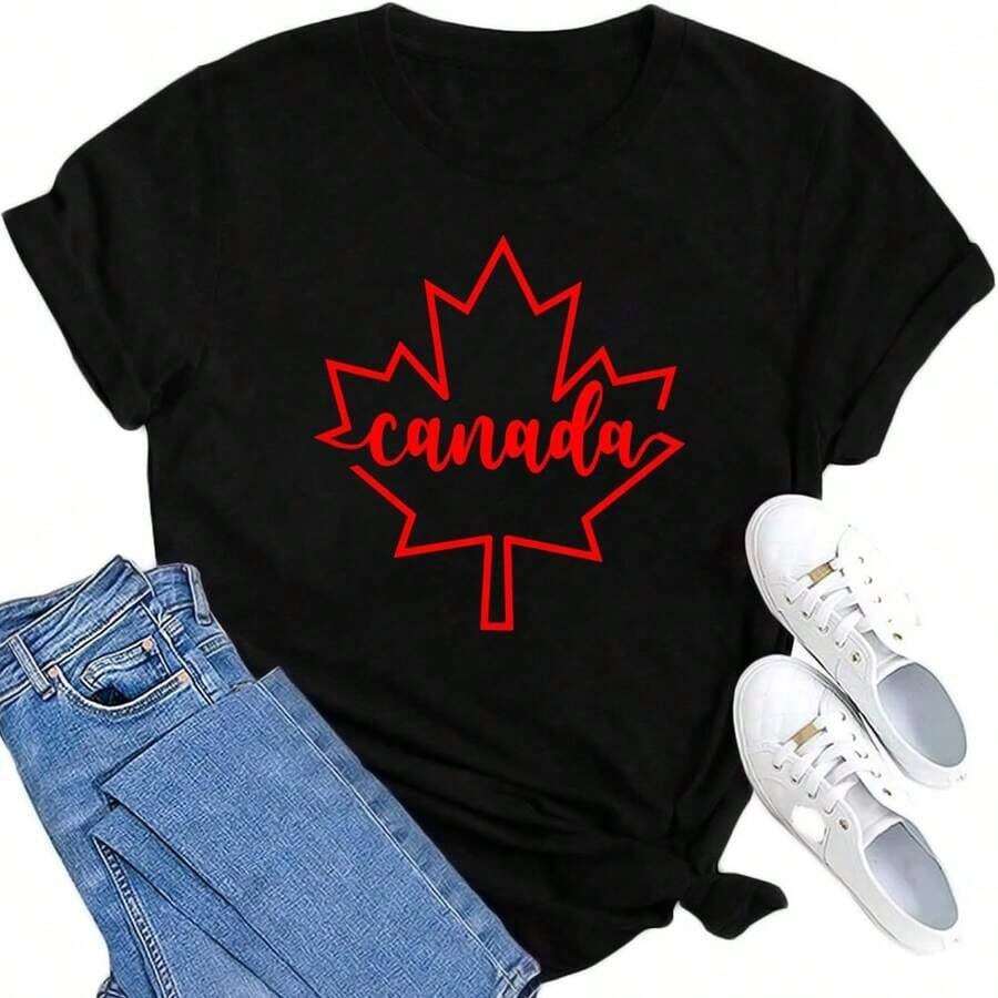 Women's Casual Cotton T-Shirt With Canadian Flag And Heart Print, Short Sleeve, Round Neck, Drop Shoulder, Cute Summer Garment With Slightly Stretchy Fabric - 黑色 3 - 查看 1