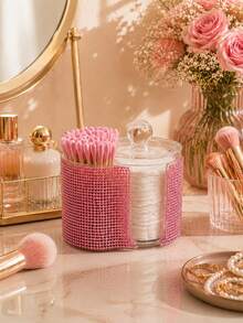 Rhinestone Cotton Pad Holder With Lid, Qtip Holder Bathroom Organizer, Bling Makeup Vanity Storage Container For Cotton Swabs, Cotton Rounds, Cotton Balls, Cosmetic Countertop Accessories - View 3