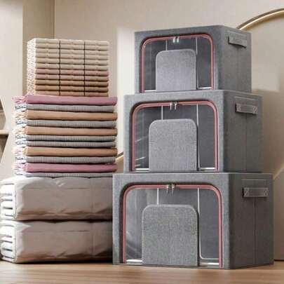 1 Caja de almacenamiento de ropa, caja organizadora de gran capacidad con marco de acero, caja de almacenamiento de ropa plegable, caja de almacenamiento de edredones, caja de almacenamiento a prueba de agua y humedad para el armario