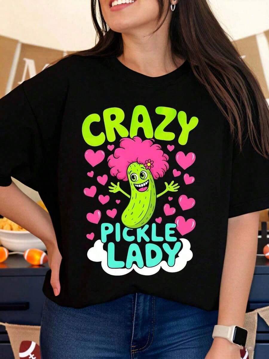 Camiseta Divertida de la Dama de los Pepinillos Locos con Pelo Rosa y Corazones para Mujer, Camiseta Casual, Idea de Regalo para Fiestas de Verano para Amantes de los Pepinillos - Negro - Ver 1