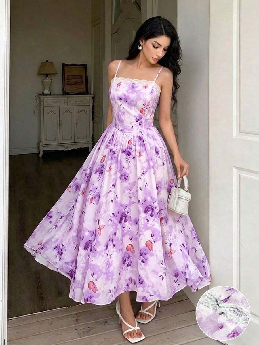 Vestido de cóctel de verano elegante con tirantes finos, estampado de mariposas y flores diminutas, para fiestas y vacaciones románticas - Morado - Ver 1