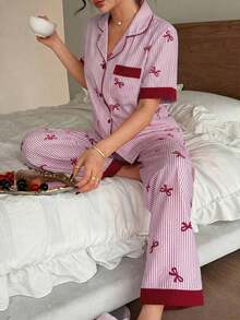 Napfluff Conjunto de pijama con top de manga corta con botón rojo y pantalones con estampado a rayas y lazo de color contrastante; Conjunto de pijama a rayas rosas con lazo estampado, adecuado para uso en casa - Rojo - Ver 5