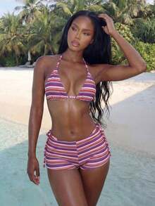 Swim Vcay Conjunto de 3 piezas de bikini de mujer con top halter y short tipo boyshort, en estilo casual y elegante para resort, con tela de rayas multicolor texturizada, decoración de cuentas y color rosa claro - Multicolor 6 - Ver 3