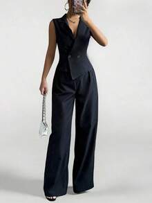 PETITE Conjunto de 2 piezas de ropa de otoño, top sin mangas y pantalón de unicolor - Negro - Ver 8