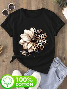 Camiseta pura de moda para mujer con estampado de leopardo y patrón floral de primavera/verano, ropa para salidas casuales, diseño suave y cómodo - Negro - Ver 2