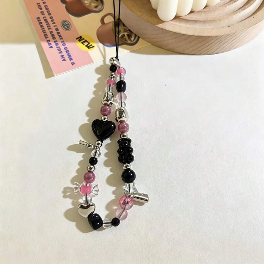Sangle de poignet de caméra CCD ours fraise cœur mignon, tour de cou de téléphone perlé, charm de coque de téléphone, esthétique Y2K - Rose vif - Voir 1