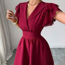 guang zhou mi qian shang mao  Nuevo vestido corto casual, versátil y elegante para mujer con diseño de manga con volantes de parche de unicolor reversible de gasa con cordón en la cintura - Burdeos - Ver 5