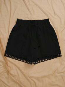 Pantalones cortos casuales sueltos con cintura de corbata a rayas para mujer - Negro - Ver 5