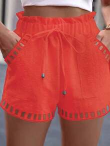 Pantalones cortos casuales sueltos con cintura de corbata a rayas para mujer - Naranja - Ver 8