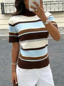 Blusa de punto de cuello alto de unicolor de manga corta para mujer, para todas las estaciones - Multicolor - Ver 7