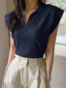 Suéter holgado de punto de unicolor con cuello, estilo casual y de negociospara mujer - Azul marino - Ver 2