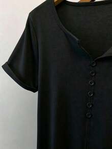 Camiseta de manga corta con botones, estilo minimalista retro casual Mori Girl para mujer - Negro - Ver 3