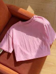 Camiseta crop de hombros caídos - Rosa - Ver 5