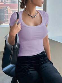 Camiseta casual de verano para mujer de ajuste ceñido con cuello redondo y mangas cortas en unicolor - Lila Púrpura - Ver 4