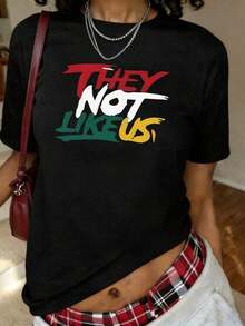 Camiseta Casual de Manga Corta con Cuello Redondo y Estampado de Letras "Dont" en Tejido de Punto de Poliéster, Top Casual para Verano y Primavera, Ropa de Tallas Grandes para Mujer - Negro - Ver 1