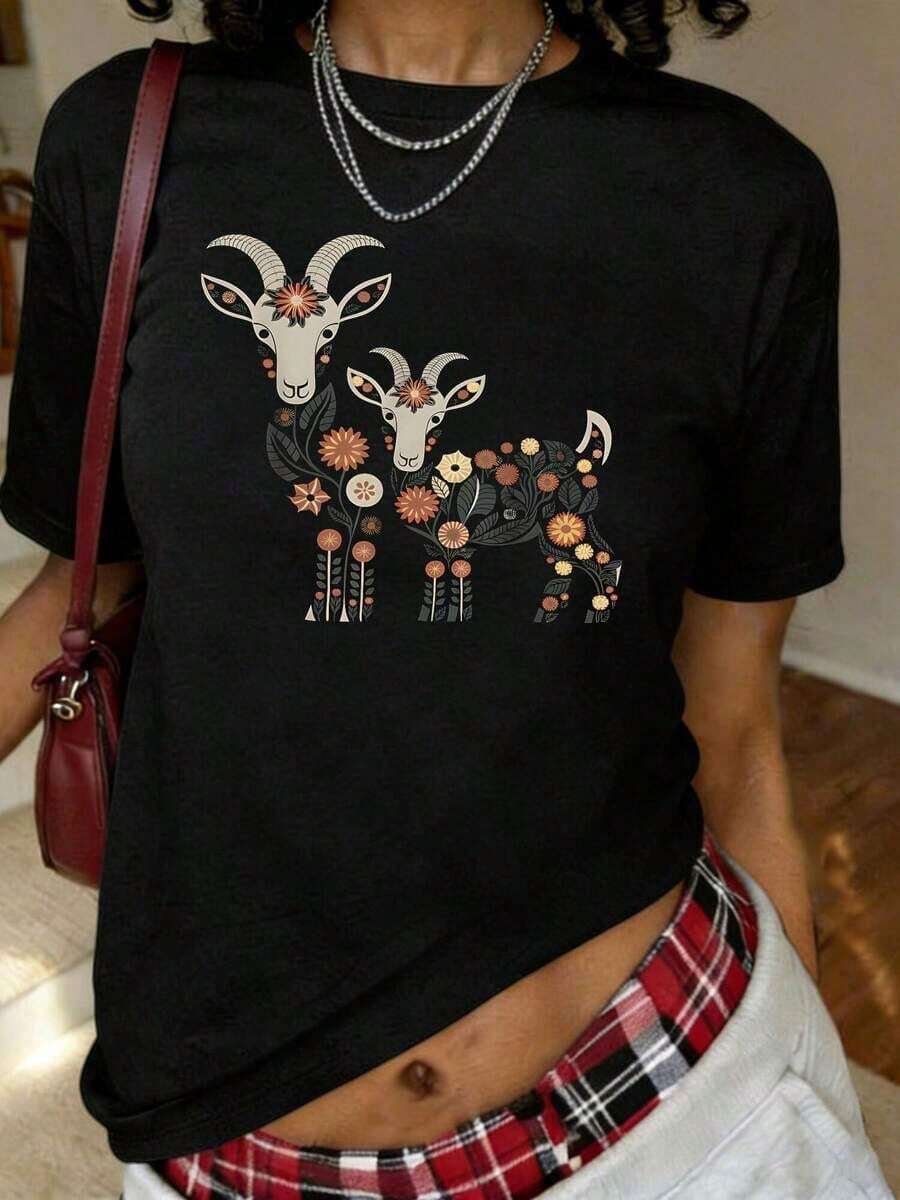 Camiseta con estampado de cabras y flores para amantes de las cabras, regalo para mamá de cabras, camiseta casual de manga corta con cuello redondo para verano y primavera, ropa de talla grande para mujer. - Negro - Ver 1