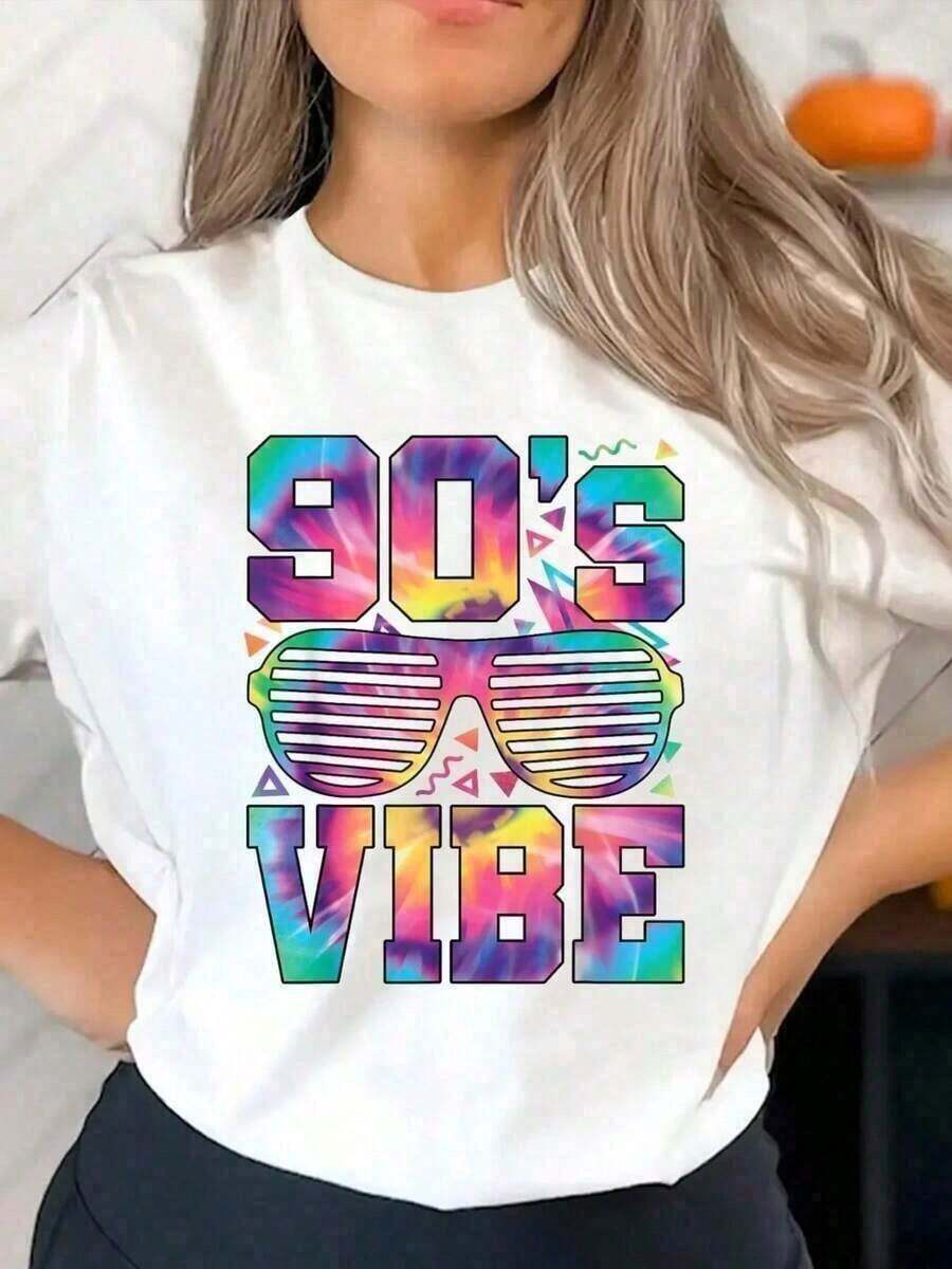 Colección de Verano 2026, 1 Pieza, 2026, Camiseta de Manga Corta Blanca con Cuello Redondo para Mujer, Estilo Casual con Estampado Simple, Vibe Retro de los 90, Estilo Disco, Ideal para Uso Diario y Vacaciones, Camisetas Gráficas, Ropa de Verano, Camisas, Camisa Blanca, Camisetas Gráficas, Tops de Verano, Top, Camisetas Casuales Holgadas de Manga Corta - Blanco - Ver 1