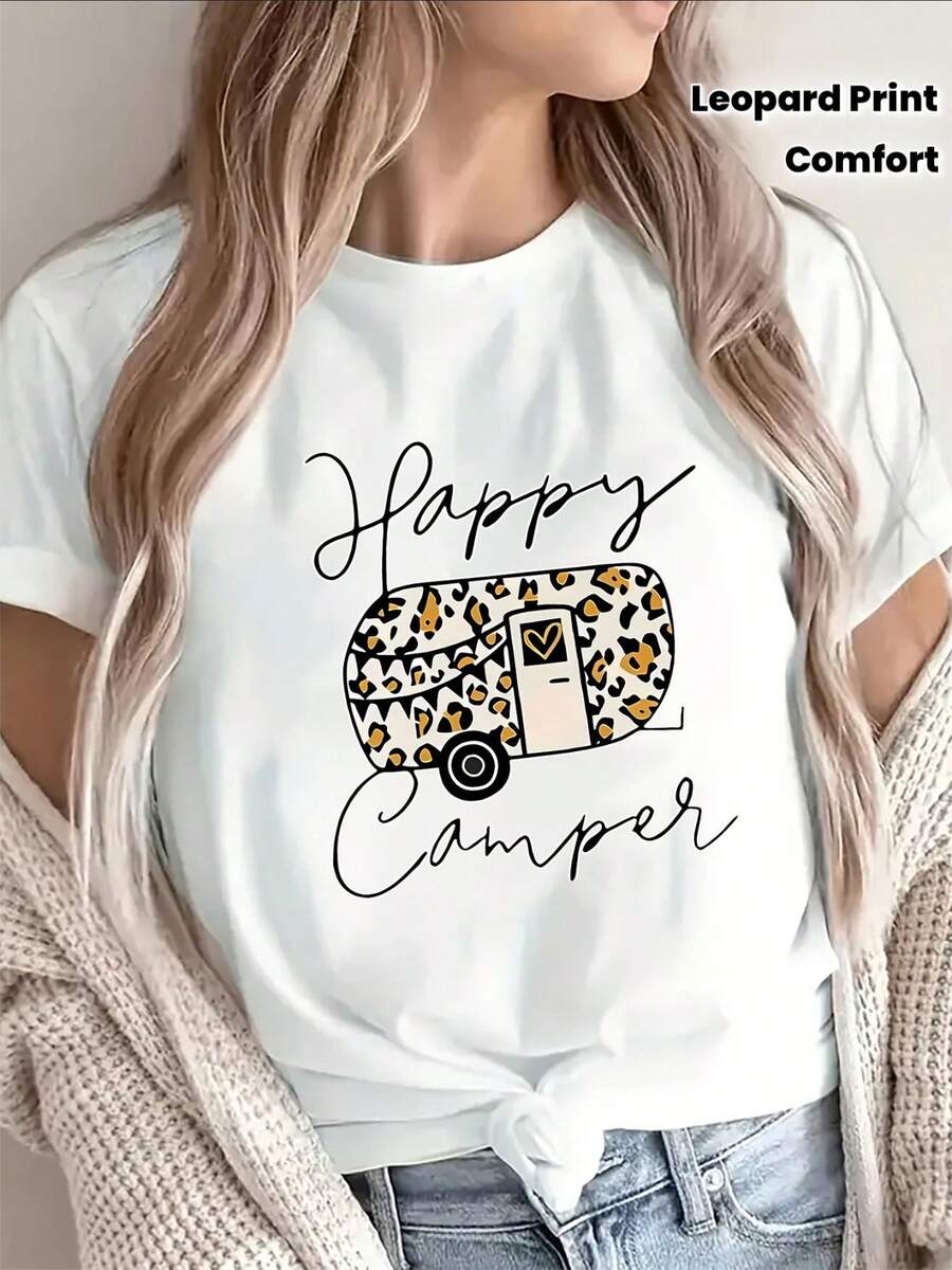 One Lightweight And Durable Short-Sleeved T-Shirt With A Vibrant Leopard Print, Perfect For Camping, Lounging At Home, Camping Trips, Or Outdoor Activities, Offering A Comfortable Everyday Wear Experience. 100% Cotton, 180g. - 白色 - 查看 1