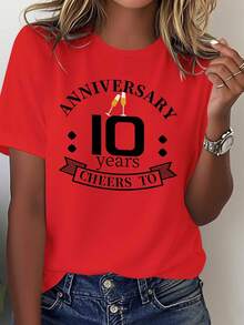 Camiseta de algodón puro para mujer - Edición de celebración del décimo aniversario, top casual y cómodo para celebraciones, lavable a máquina y adecuada para todas las estaciones, ideal como regalo de décimo aniversario para mujeres. - Rojo - Ver 7