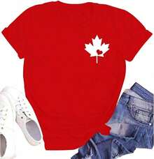 New Women's Summer Casual T-Shirt, Cotton, With Canadian Flag And Heart Print, Short Sleeve, Round Neck, Drop Shoulder, Cute Summer T-Shirt With Slightly Stretchy Fabric - Vintage Urban Style, Unisex, Loose Fit, Cotton, Short Sleeve, Round Neck. - 紅色 - 查看 6