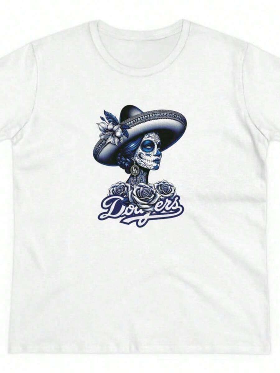 Camiseta Dodgers Catrina, Camiseta inspirada en el Día de los Muertos, Camiseta Latina de los Dodgers de Los Ángeles, Cultura de Los Ángeles, Camiseta linda, LA Adecuado como regalo. playera de mujer. blusas>elegantes. boho chic,Top de mujer suave, transpirable y cómodo, ideal para primavera, verano y otoño, perfecto para vacaciones, viajes y uso diario. - Blanco 8 - Ver 1