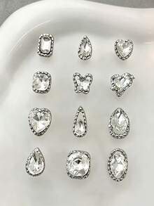 12pcs Silver Nail Jewelry, White Transparent Glass Diamond Butterfly & Heart Nail Gems, Nail Art Supplies - Silver - View 4