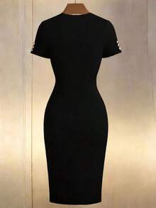 Vestido casual de mujer de manga corta con estampado minimalista - Negro - Ver 2