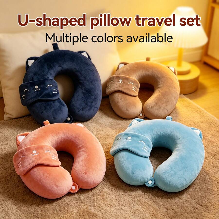2pcs U-Shaped Pillow & Eye Mask Set, Memory Foam Neck Pillow With Cartoon Eye Mask, Portable Travel Pillow, Sleep Aid, Multiple Colors Available - 2-piece Set - View 1