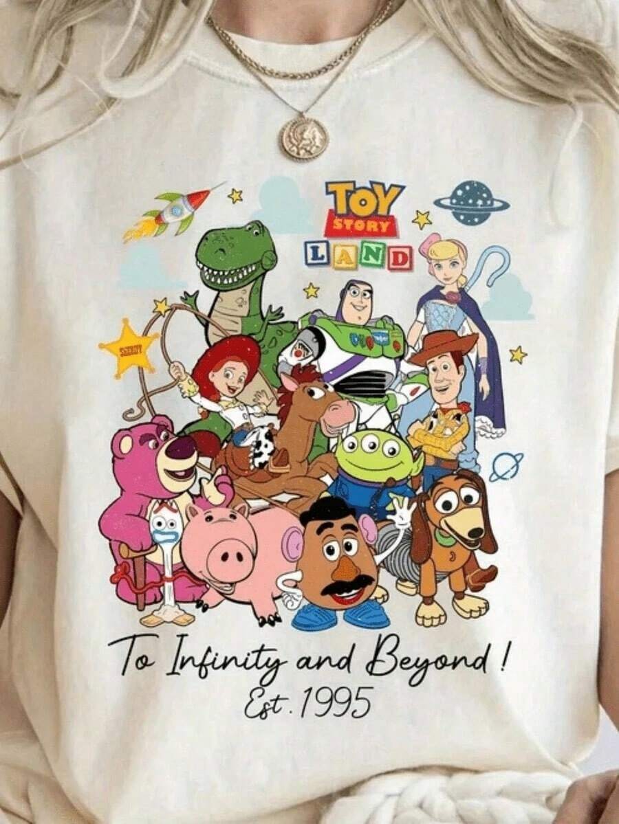 Official Disney Licensed | Toy Story Land Full Character "To Infinity And Beyond" Slogan Print Women's Crew Neck Short Sleeve T‑Shirt - Childlike & Vibrant Style, Soft & Breathable Fabric, Classic Crew Neck Design, Ideal For Vacation, Travel & Daily Casual Wear - trắng - Xem 1