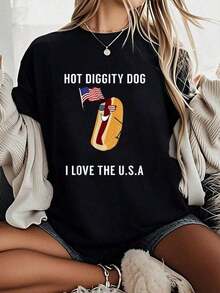 1 pieza de ropa para mujer 100% algodón puro, camiseta divertida con estampado "Diggity Dog I Love USA" para el 4 de julio, cómoda y acogedora, estilos de primavera/verano, ropa de vacaciones para mujer, adecuada para el uso diario casual de las mujeres, 180g de algodón 100%. - Negro - Ver 7
