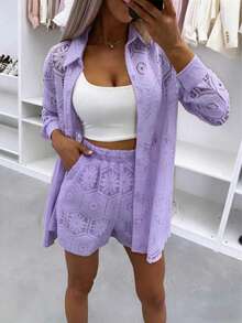 Bộ 2 món đồ nữ mặc thường ngày đi du lịch, áo dài tay rỗng dáng rộng và quần short cạp chun, áo khoác ngoài đi biển thanh lịch mùa hè - Màu Lilac Tím - Xem 2