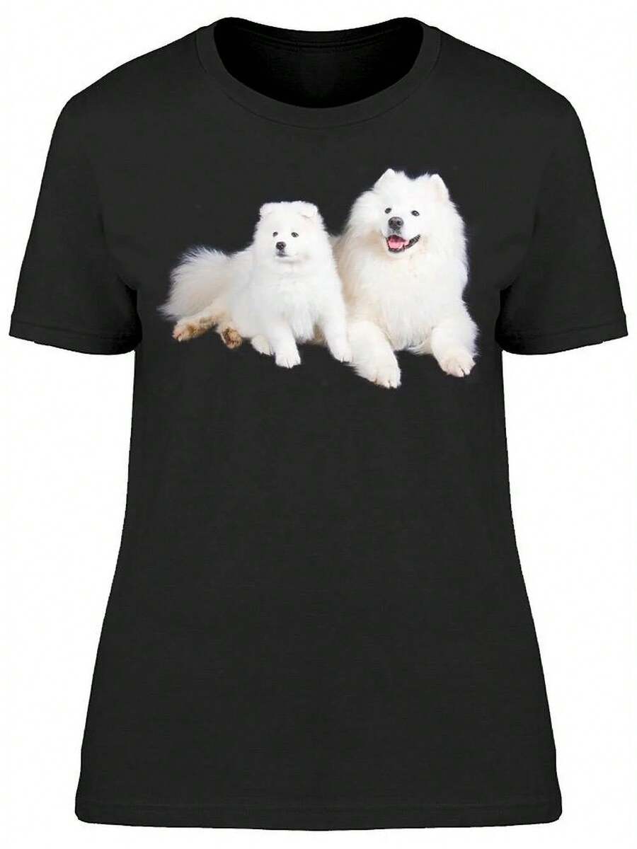 Camiseta para Mujer con 2 Lindos Perros Samoyed Acostados -Imagen de Shutterstock, Talla Grande para Mujer - Negro - Ver 1