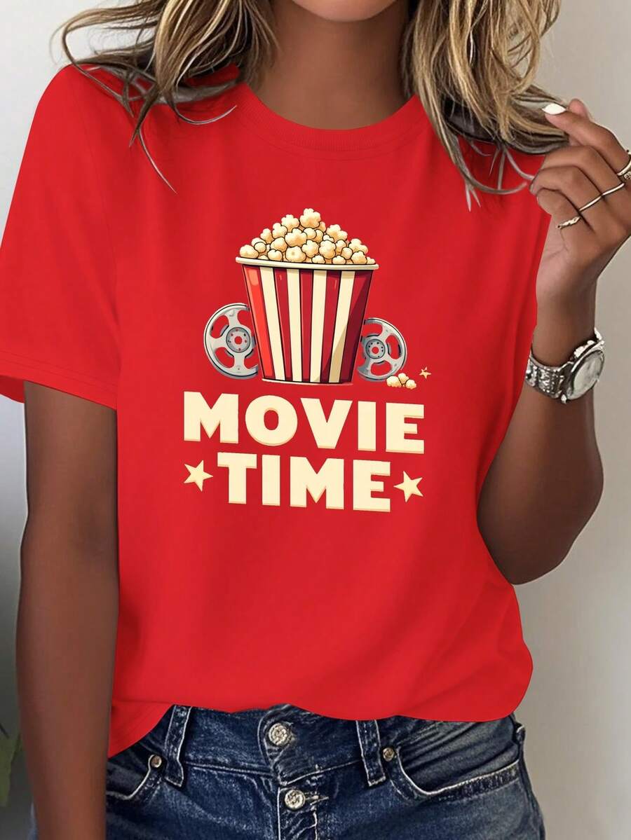 Camiseta cómoda de algodón puro para mujer Cinema Time Popcorn, blusa casual para mujer - Rojo - Ver 1