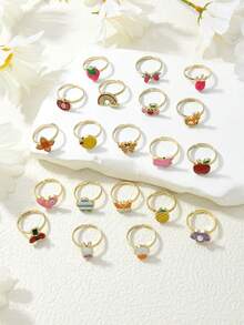 20个卡通彩色珐琅蝴蝶结、花朵、星星可调节戒指，甜美少女风百搭饰品，日常配饰，DIY组合，价格实惠的精致装饰品 - 金色 - 查看 4