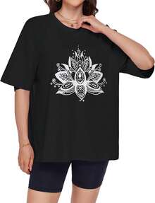 ADOREJOY Camisetas de ajuste holgado para mujer, cuello redondo, manga corta, básicas, gráficas, de verano - negro, blanco (Black White Flower) - Ver 4